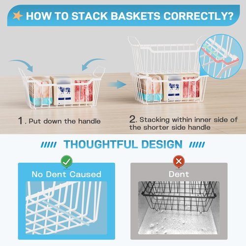 SUNALLY Freezer Organizer Bins, 4 Pack Chest Freezer Organizer Stackable for 5-7 Cu.FT Deep Freezer Sort Frozen Meats and Food, Freezer Storage Baskets with Handles Easy Reach from Bottom, White