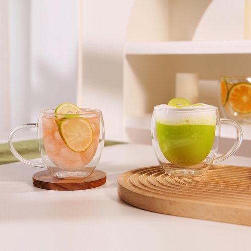 CNGLASS 12oz(4-pack) Double Walled Glass Coffee Mugs,Insulated Glass Mugs with Handle,Clear Espresso Cups for Latte,Cappuccino,Tea Bag
