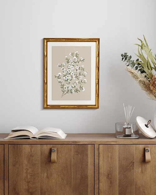Framed White Flower Canvas Print - Minimalist Botanical Art with Gold Bamboo Frame | 11x14 Size