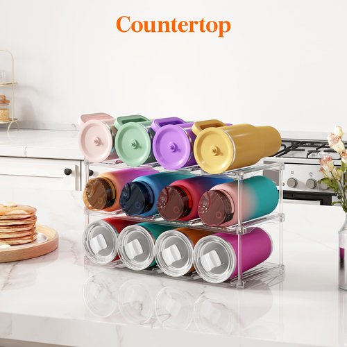 Lifewit Stackable Bottle Storage Organizer, Clear Freestanding Wine Holder for Cabinet, Large Slot Water Bottle Tumbler Cup Organizer for Pantry, Plastic Wine Rack for Fridge Cellar, 3Tier Hold 12
