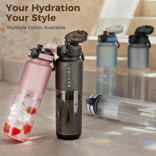 Edmyre 32oz Water Bottle with Chug Lid, Frosted & Clear Tritan BPA-Free, Leakproof, Wide Mouth, Portable Sports Water Bottle for Gym, Office, Travel, Outdoor (Transparent)