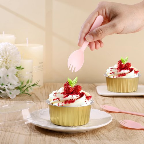 EUSOAR Disposable Sporks, 100pcs 4.5"x1.3" Plastic Sporks, Heavy Duty Heavyweight Disposable Utensils Silverware Set Individually Wrapped Fork Spoon for Party Bulk Wedding Birthday Gathering-Pink