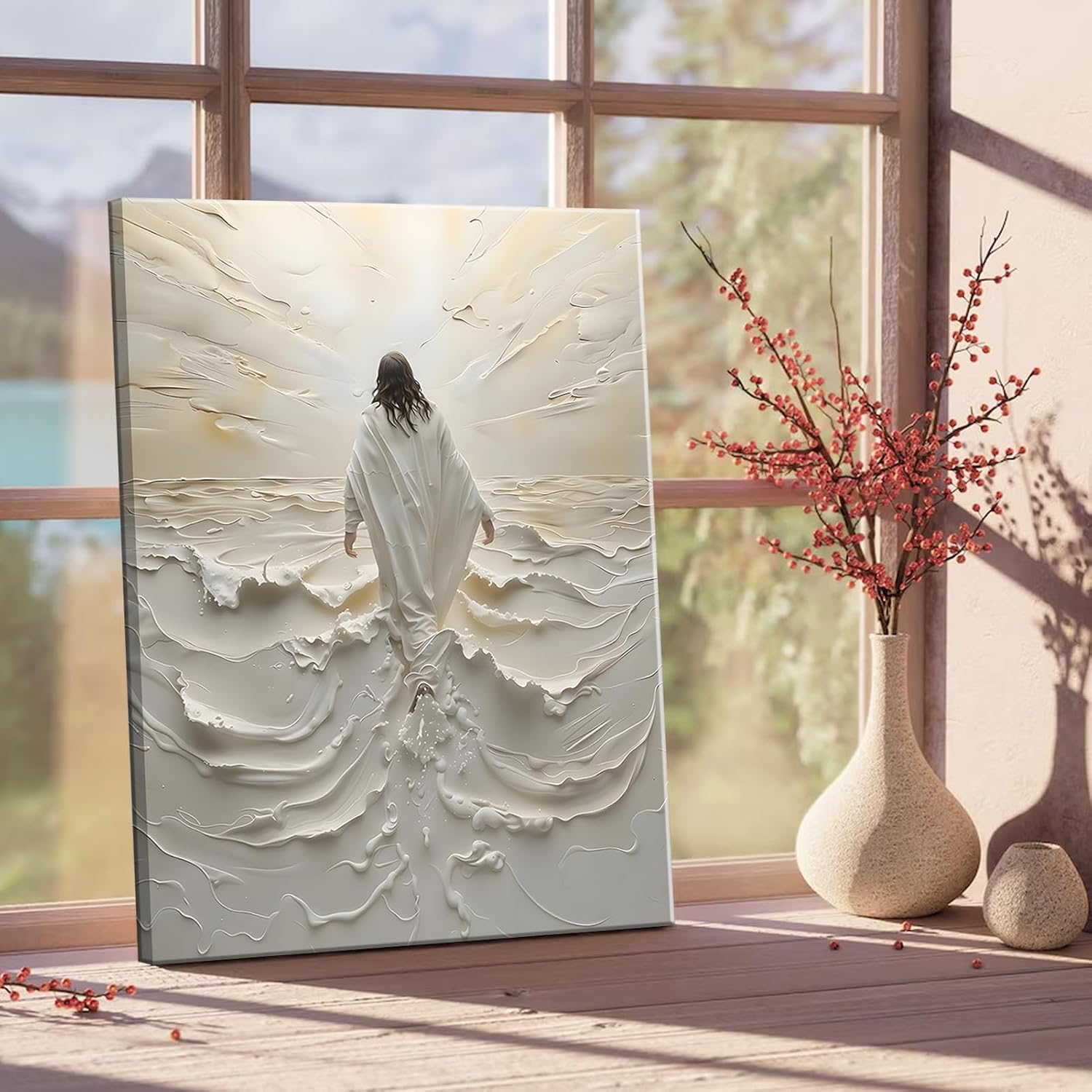 Regine Switzerland Abstract Jesus Walking on Water Canvas Wall Art - Modern Christian Decor 12x16in