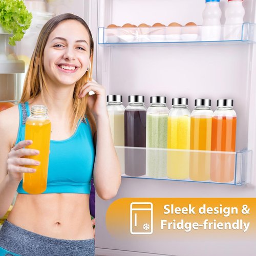 PROBTTL 18 oz Glass Juice Bottles with Lids – Refillable Clear Glass Water Bottles with Stainless Steel Airtight Caps, Dishwasher Safe, Reusable Drinking Juice Containers (6-Pack, No Sleeves)