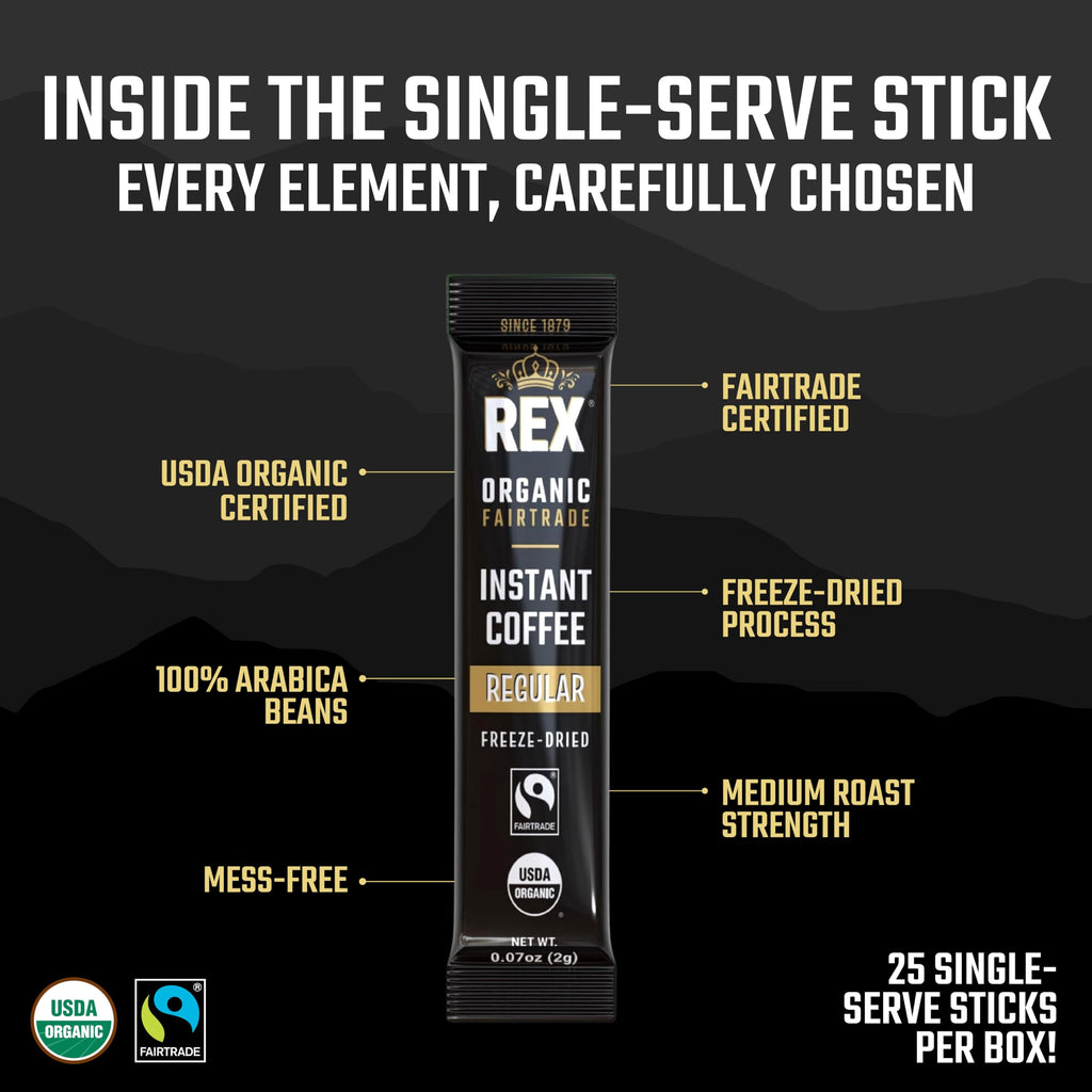 Rex Coffee Freeze-Dried Instant Sticks, Organic & Fairtrade Medium Roast Arabica, 200 Single Serve Packets - Lab Tested for Mold, Mycotoxins, Heavy Metals, & Acrylamide