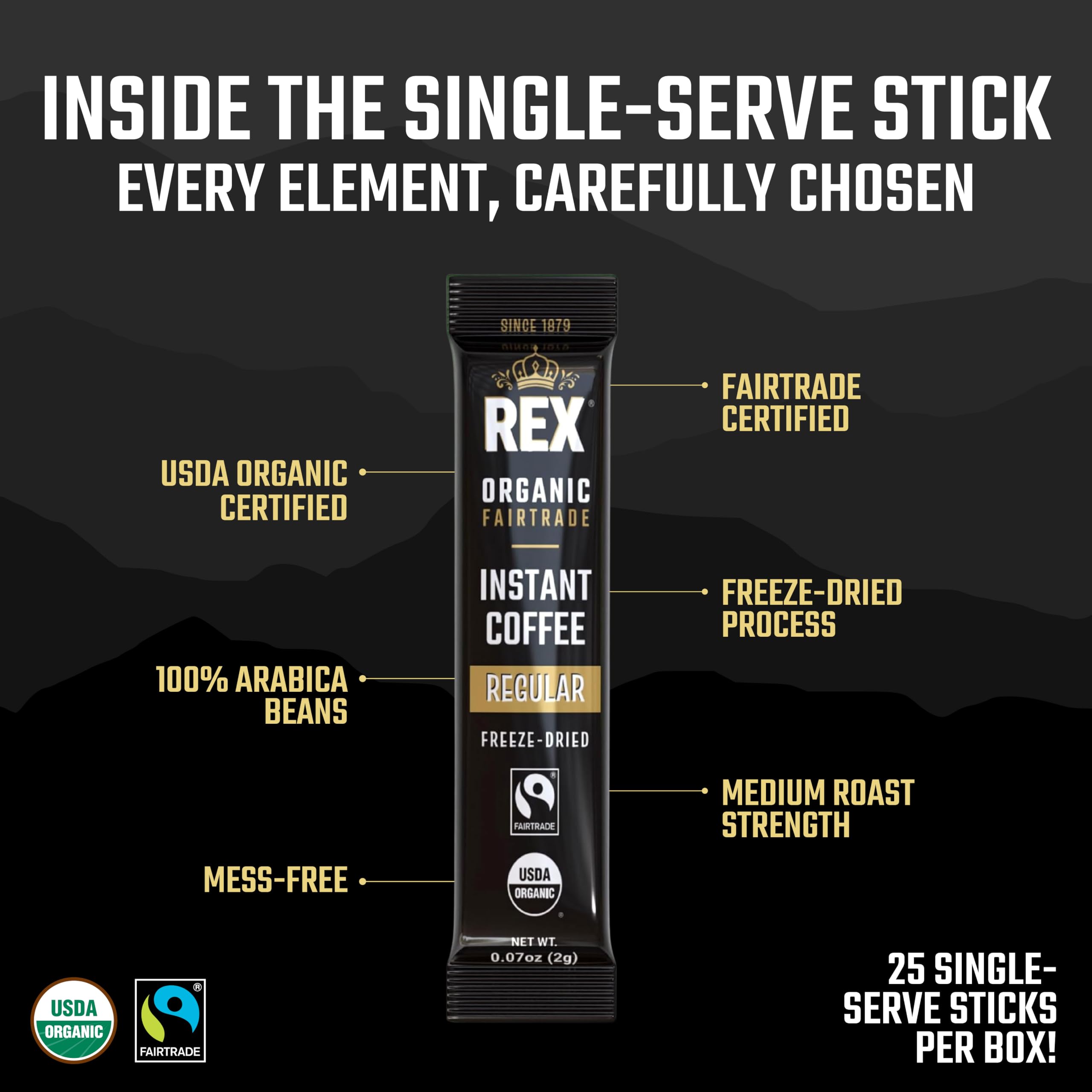 Rex Coffee Freeze-Dried Instant Sticks, Organic & Fairtrade Medium Roast Arabica, 200 Single Serve Packets - Lab Tested for Mold, Mycotoxins, Heavy Metals, & Acrylamide