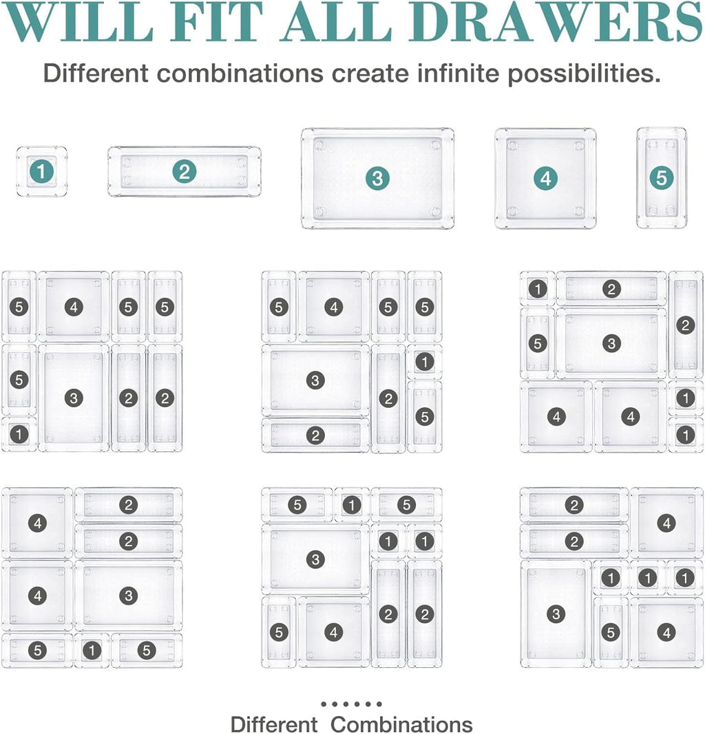 StorMiracle 16 PCS Drawer Organizer Set - Versatile Clear Storage Bins for Bathroom & Kitchen | Makeup, Jewelry, Utensils