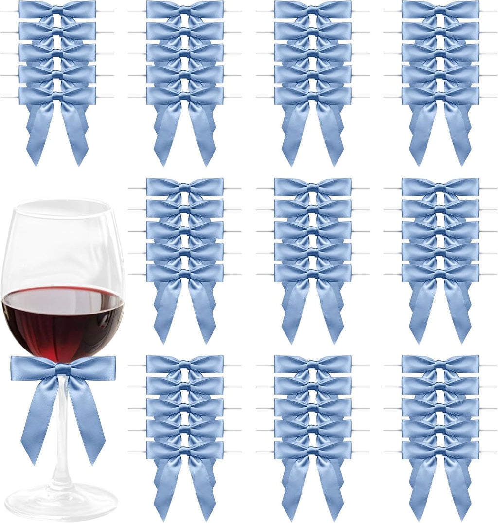 Regine Switzerland Satin Ribbon Dusty Blue Bow Decor - 2.5" Premade Twist Tie Bows for Gift Wrapping | 50 Count