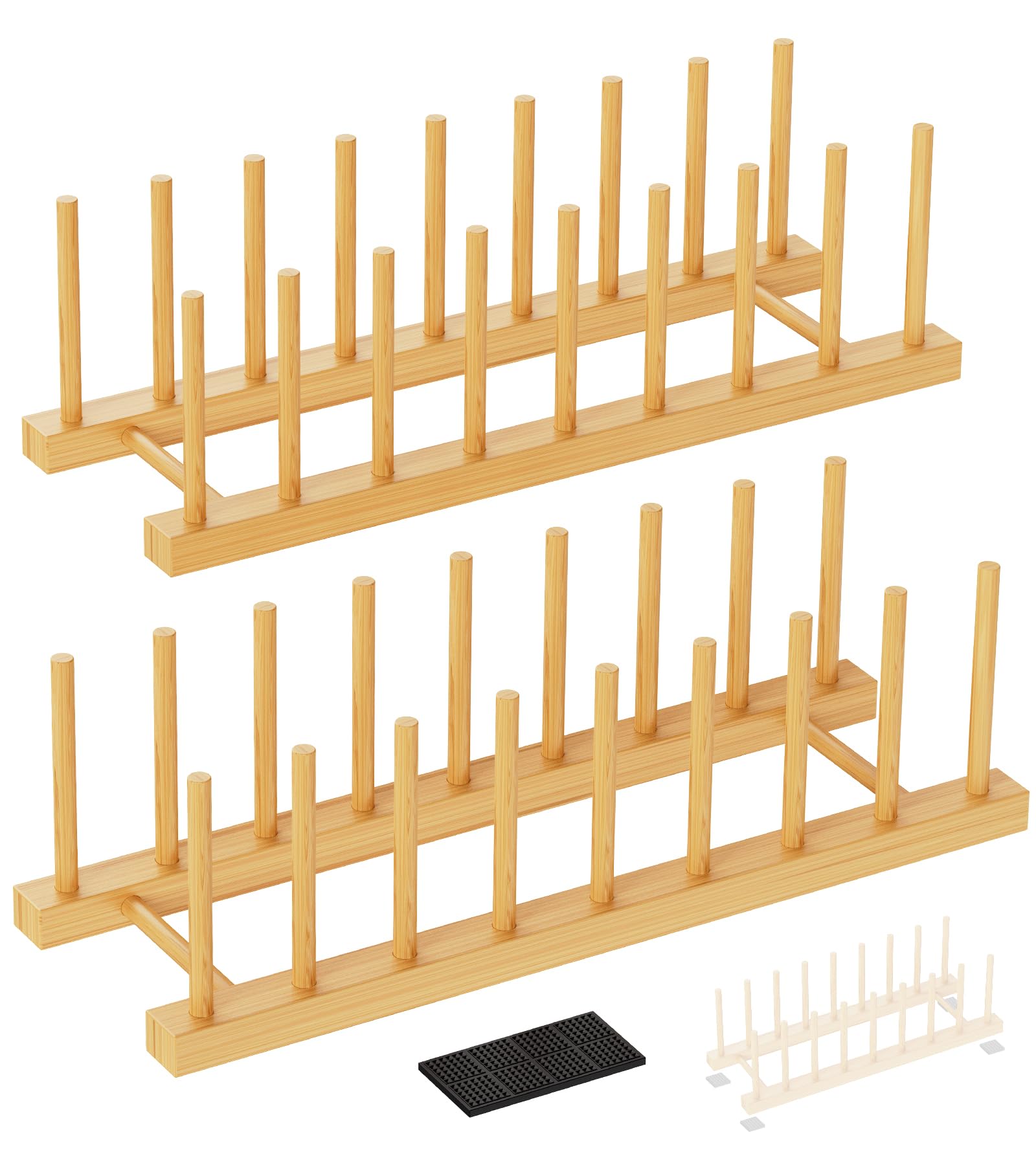 RISHTEN Bamboo Dish Drying Rack, 2 Pack Wooden Storage Holder Organizer for Plate/Bowl/Cup/Book/Pot/Lid/Cutting Board Drying Rack Stand Holder