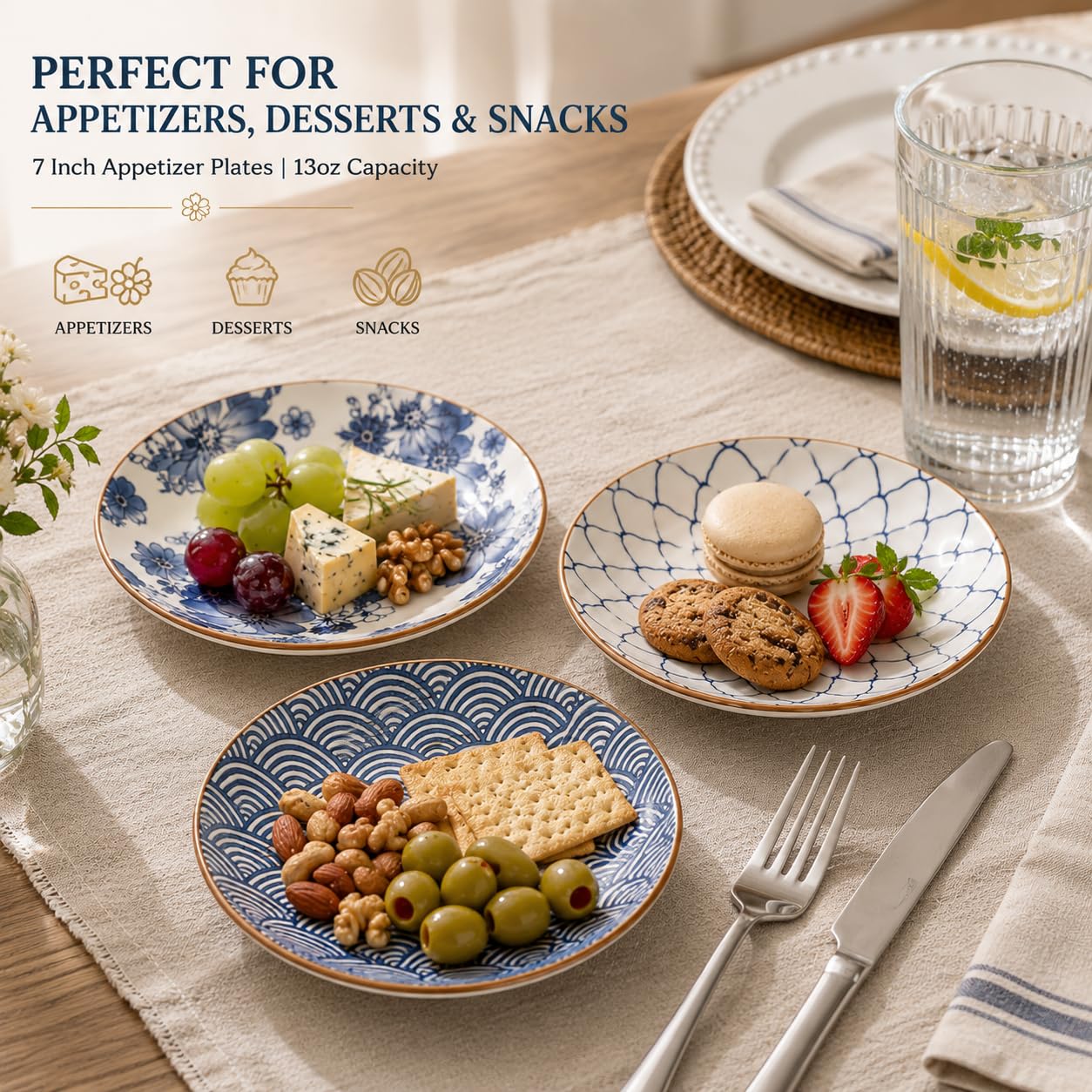 YALONG Small Ceramic Salad Plates Set of 4, 7 Inch (13oz) Japanese Appetizer Plates for Sushi Snacks, Dessert Plates for Cake Fruit, Blue & White Dinnerware, Microwave Dishwasher Safe