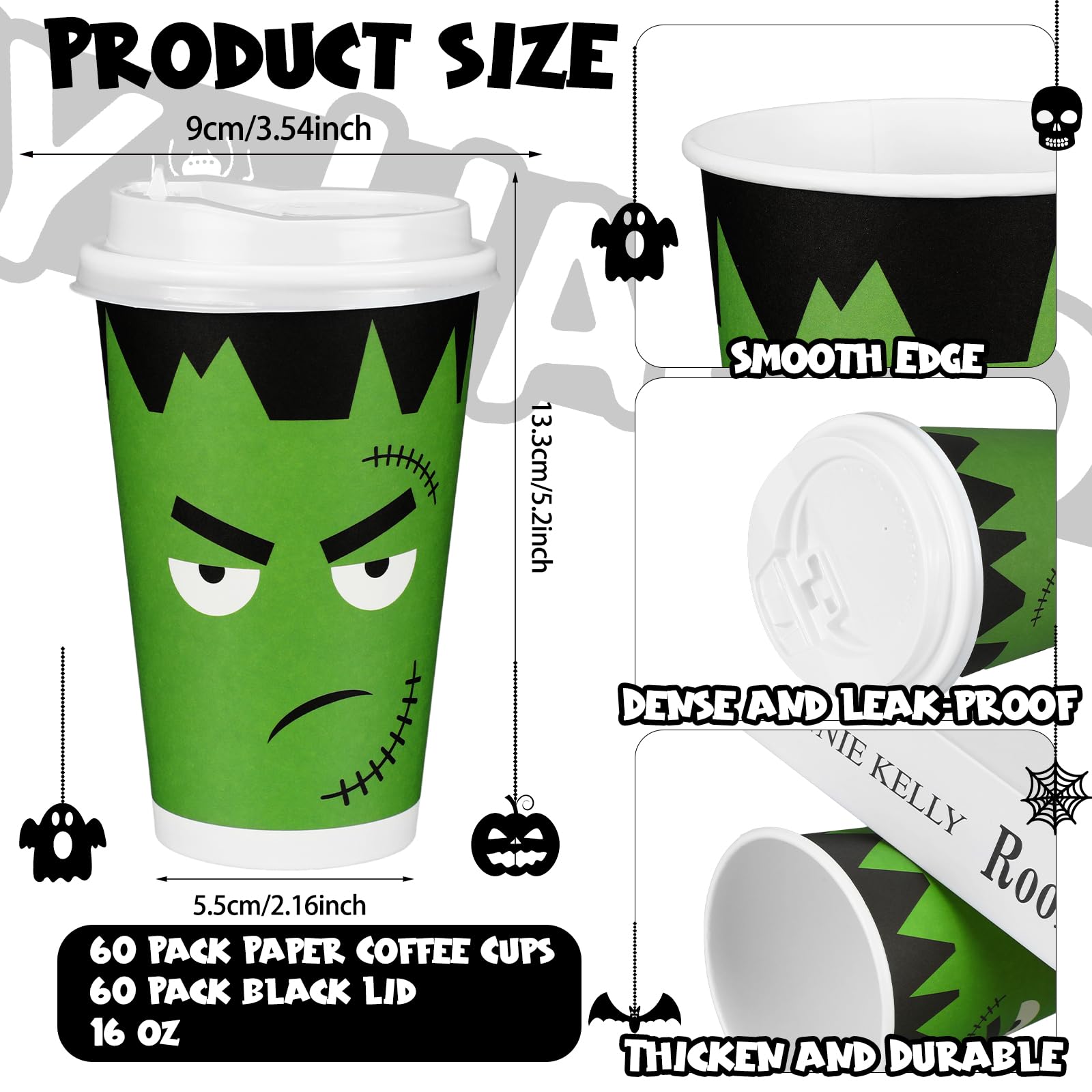 Lallisa 120 Pcs/60 Set Halloween Disposable Coffee Cups with Lids 16 oz Disposable Paper Cups Set Halloween Birthday Party Supplies for Hot Cold Drinks Tea Hot Chocolate Cocoa (Face)