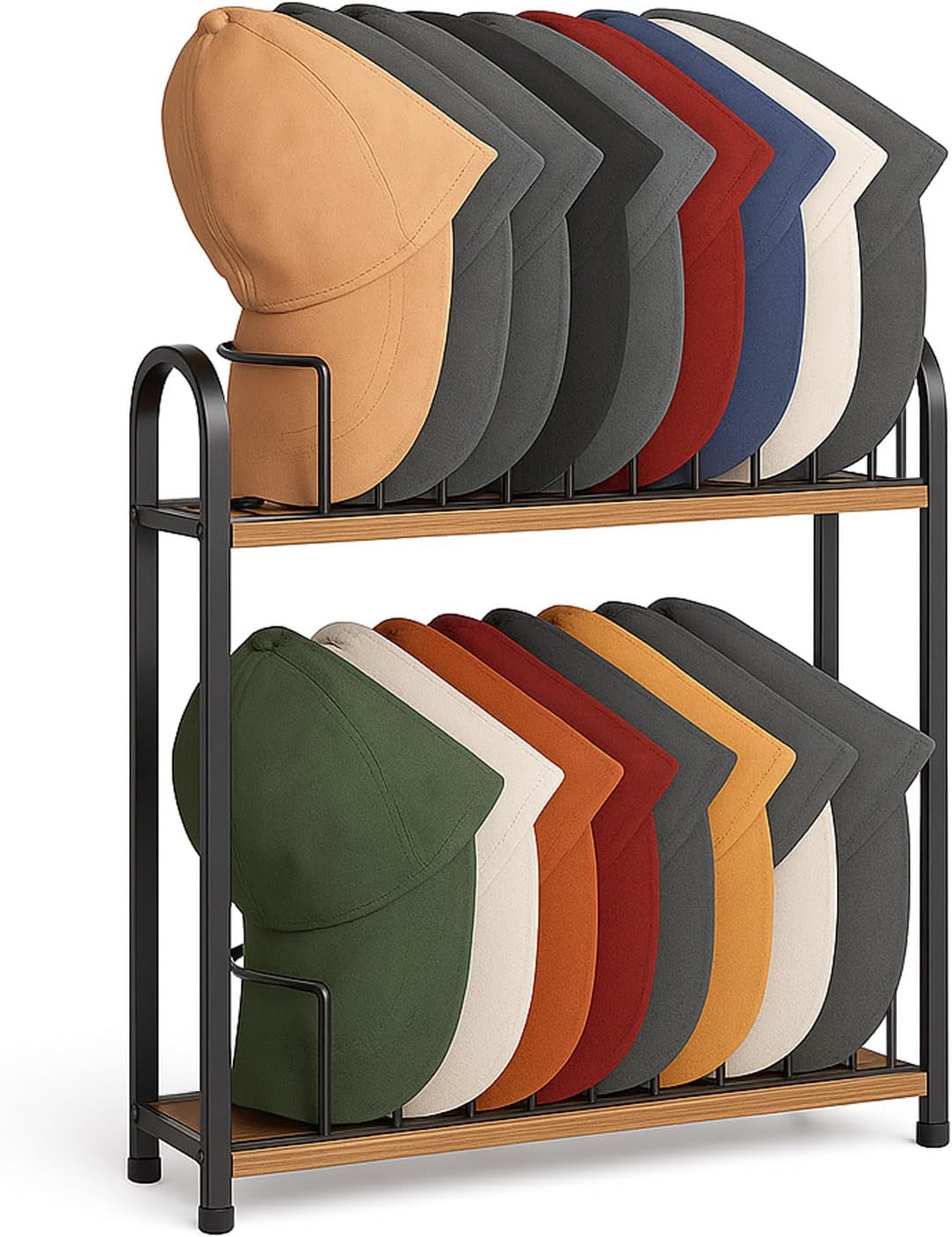 SWTYMIKI Hat Stand for Baseball Caps - 2-Tier Wood & Metal Organizer | Holds Up to 20 Caps (Black)