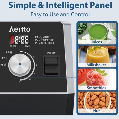 Aeitto 1800W Professional Countertop Blender - 68Oz Large Capacity Smoothie Maker | 3 Programs & 7 Speeds, Black