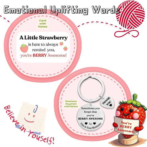 Maffuno Positive Crochet Strawberry Gifts for Women: Easter Basket Stuffers Birthday Gifts for Friend Daughter Mom Sister Her, Handmade Strawberry with Emotional Cheer Up Support Card (Berry Awesome)