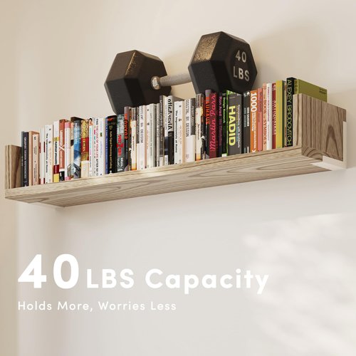 VMROF Wall Bookshelf, Set of 3, 36 Inches U Shaped Wall Shelves, Long Deep Floating Shelves, Large Floating Book Shelves - Wood Hanging Bookshelves for Kitchen, Bedroom (Light Brown, 35.4 Inches)