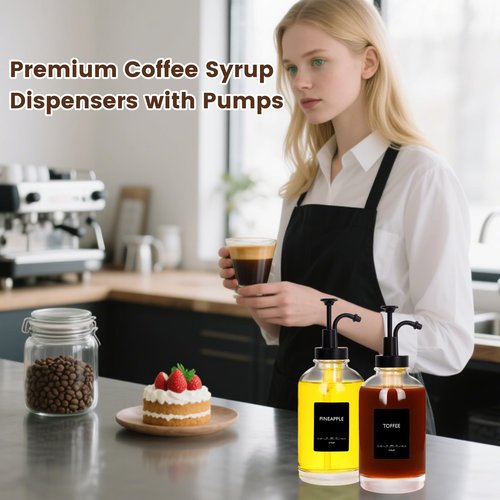 16.9oz Coffee Syrup Dispenser 4Pack- Glass Syrup Dispenser Kit for Coffee Bar Accessories for Home Coffee Bar/Premium Labeled Barista Kit, Matte Black