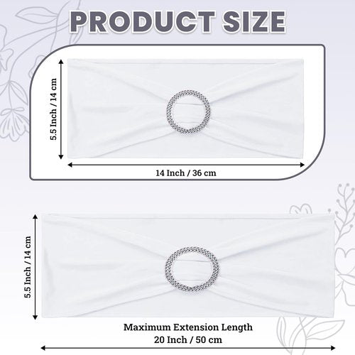 MDS Spandex Chair Sashes - Pack of 150 Universal Elastic Stretch Bands with Buckle Slider Bow | White
