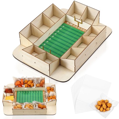 FoldTier Football Charcuterie Board Reusable Wooden Football Stadium Food Tray Sport Party Supplies Kit 50 Pcs Oil-Proof Paper Snack Food Serving Tray for Tailgate Sport Party Table Decorations