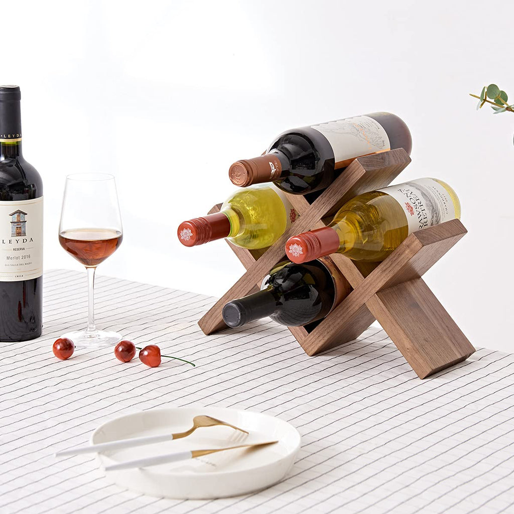 OAKERLAND Walnut Wood Wine Storage Rack Countertop, 4 Bottle Wine Rack Free Standing Wine Storage, Wine Shelf Organizer, Perfect for Home Décor and Wine Gifts, No Need Assembly (Walnut)