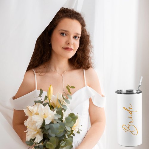 Ugiftcorner Bride Tribe Gifts Set of 4 Cups Bachelorette Party Favors Wedding Gifts for Bridesmaid Bride Stainless Steel Skinny Tumbler with Lid and Straw 15 OZ Pink