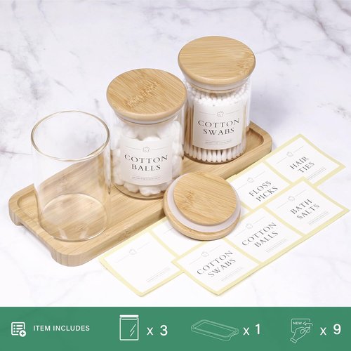 INIUNIK Qtip Holder - 3 Pack Glass Apothecary Jars with Lids | Stylish Bathroom Organizer Set