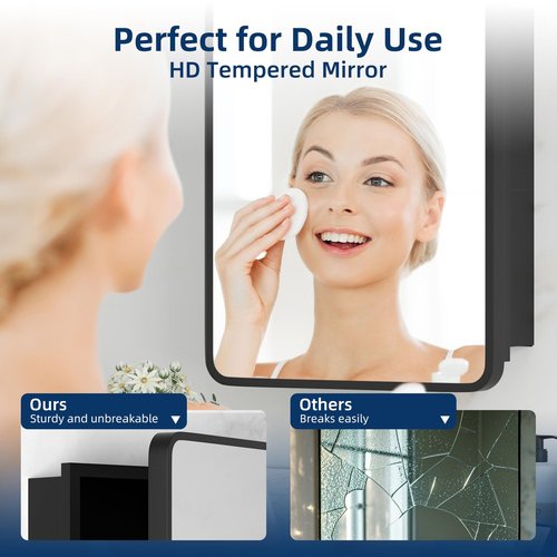 YTSMIR Medicine Cabinet with Mirror, 14x18 Inch Black Bathroom Mirrored Cabinet, Metal Framed Wall Cabinet with Beveled Mirror, Modern Surface Mount or Recessed Medicine Cabinet with Storage