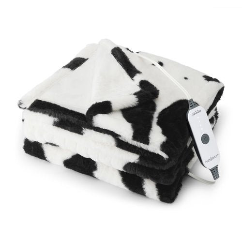 Sunbeam Electric Heated Throw Blanket Royal Faux Fur Fast Heating 4 Heat Settings 4-Hour Auto Shut-Off Rich and Ultra Silky Cow Print 50" × 60"