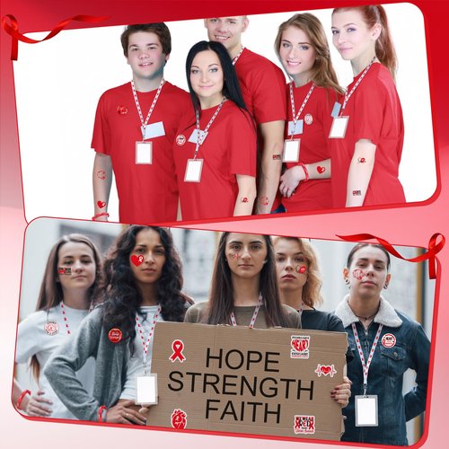 Hollowfly 400 Pcs Red Ribbon Heart Health Awareness Item Includes Ribbon Awareness Silicone Wristband Key Chain Pencil Cutout Lanyards Button Pin Sticker for Charity Fundraising Party Supply