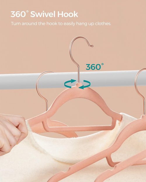 SONGMICS Velvet Hangers, Set of 60 Clothes Hanger with Rose Gold Swivel Hook, Non-Slip, and Space-Saving, 0.2-Inch Thick, 17.1-Inch Long for Coat, Shirt, Dress, Pants, Tie, Coral Pink UCRF0021R01