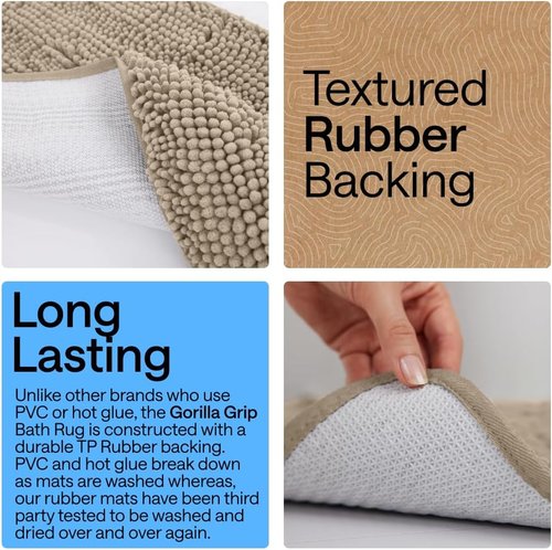 GORILLA GRIP Bath Rug Mat - Thick Absorbent Chenille | Quick-Dry Microfiber, 36x24, Gray Beige