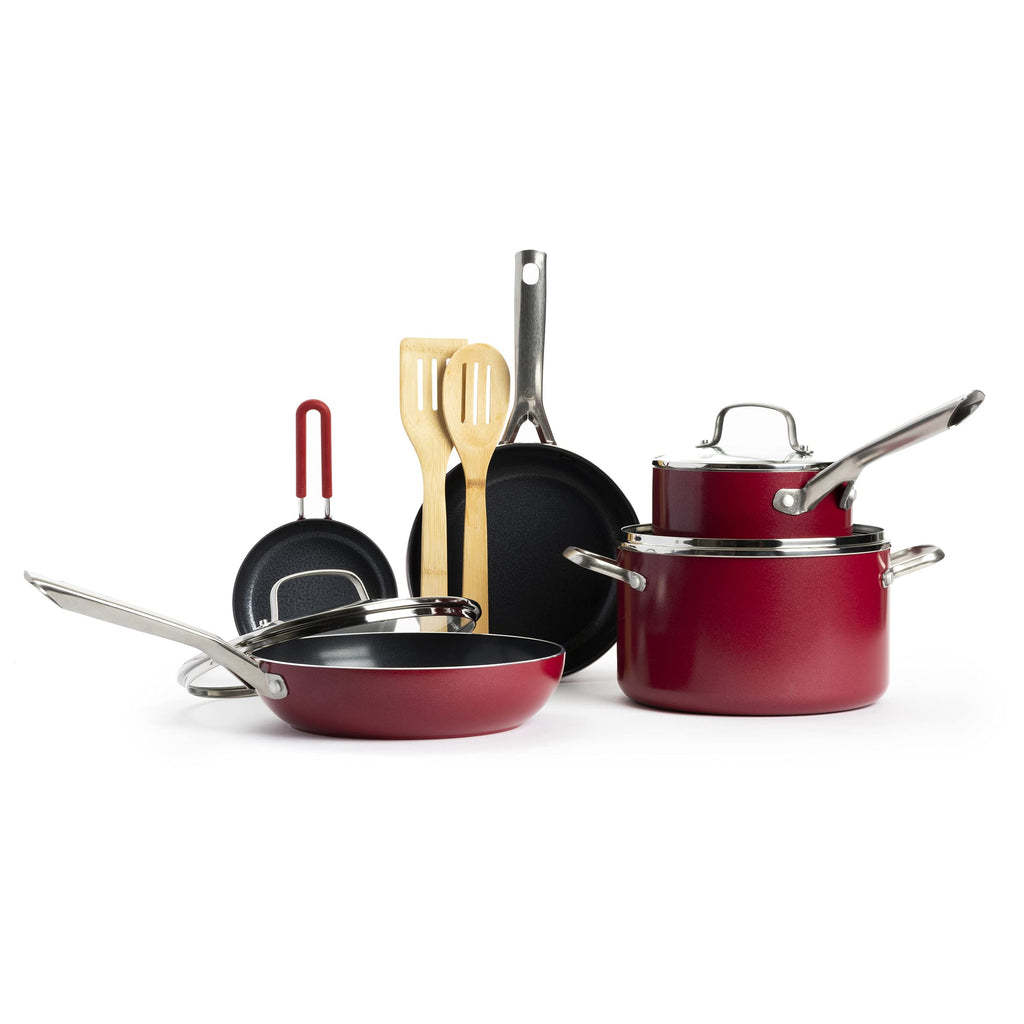 Red Volcano Textured Ceramic Nonstick, 10 Piece Cookware Pots and Pans Set with Stainless Steel Handles, PFAS PFOA & PTFE Free, Dishwasher Safe, Oven & Broiler Safe to 600 Degrees, Red