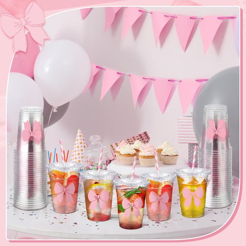 Sliner 50 Pcs 16 oz Coquette Disposable Plastic Cups with Straw for Party Supplies Bow Cups Birthday Wedding Bridal Engagement Party Drinkware Baby Shower Decoration (Pink Bow)