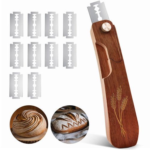 Drcomtruing Wooden Bread Lame Dough Scoring Tool, Handcrafted Bread Scoring Tool for Sourdough Bread Baking, Upgraded Sourdough Scoring Tool With Screw Lock & 10 Razor Blades (Reddish Brown)