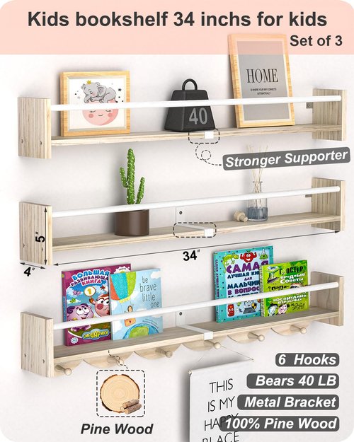 Bidami Nursery Book Shelves 34 inchs, Floating Book Shelves for Wall Nursery, Wall Mount Nursery Shelves Set of 3, Perfect for Living Room, Kids Room, Playroom & Bedroom.