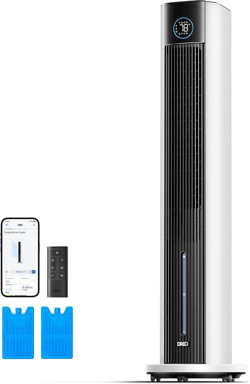 DREO Evaporative Air Cooler - 43" Oscillating Fan with APP Control & Ice Packs | 4 Speeds, 12H Timer, White