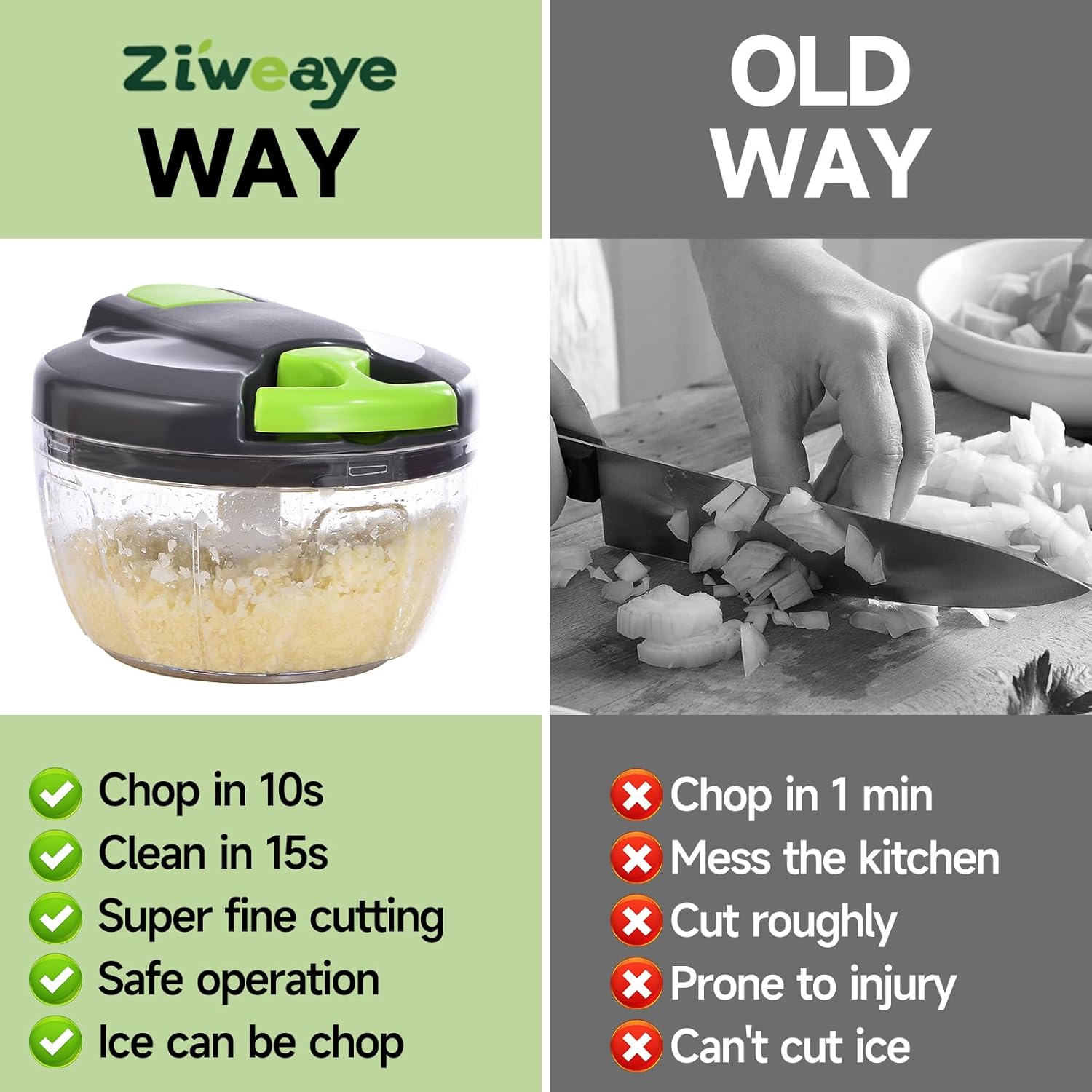 Skiennix Manual Food Processor - Portable Hand-Pull Vegetable Chopper | 500ml Gray-Green Mincer for Garlic, Onions & More