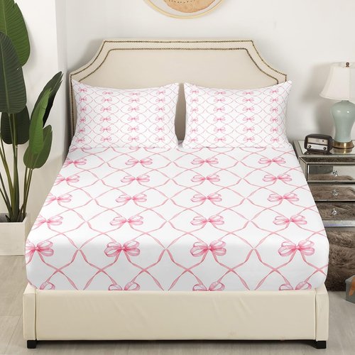 Erosebridal Pink Bowknot Bed Sheets Set Full Bow Knot Sheet Set for Kids Girls Butterfly Knot Bow Tie Sheets Aesthetic Coquette Bedroom Decor Geometric Cartoon Flat Fitted Sheet