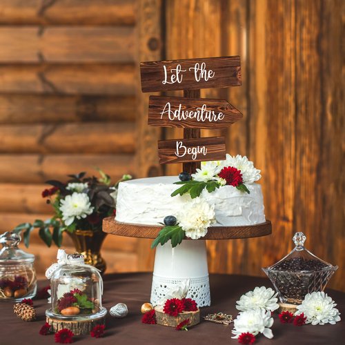 Party to Be Let the Adventure Begin Cake Topper in Wood Rustic Cake Decoration for Wedding & Baby Shower