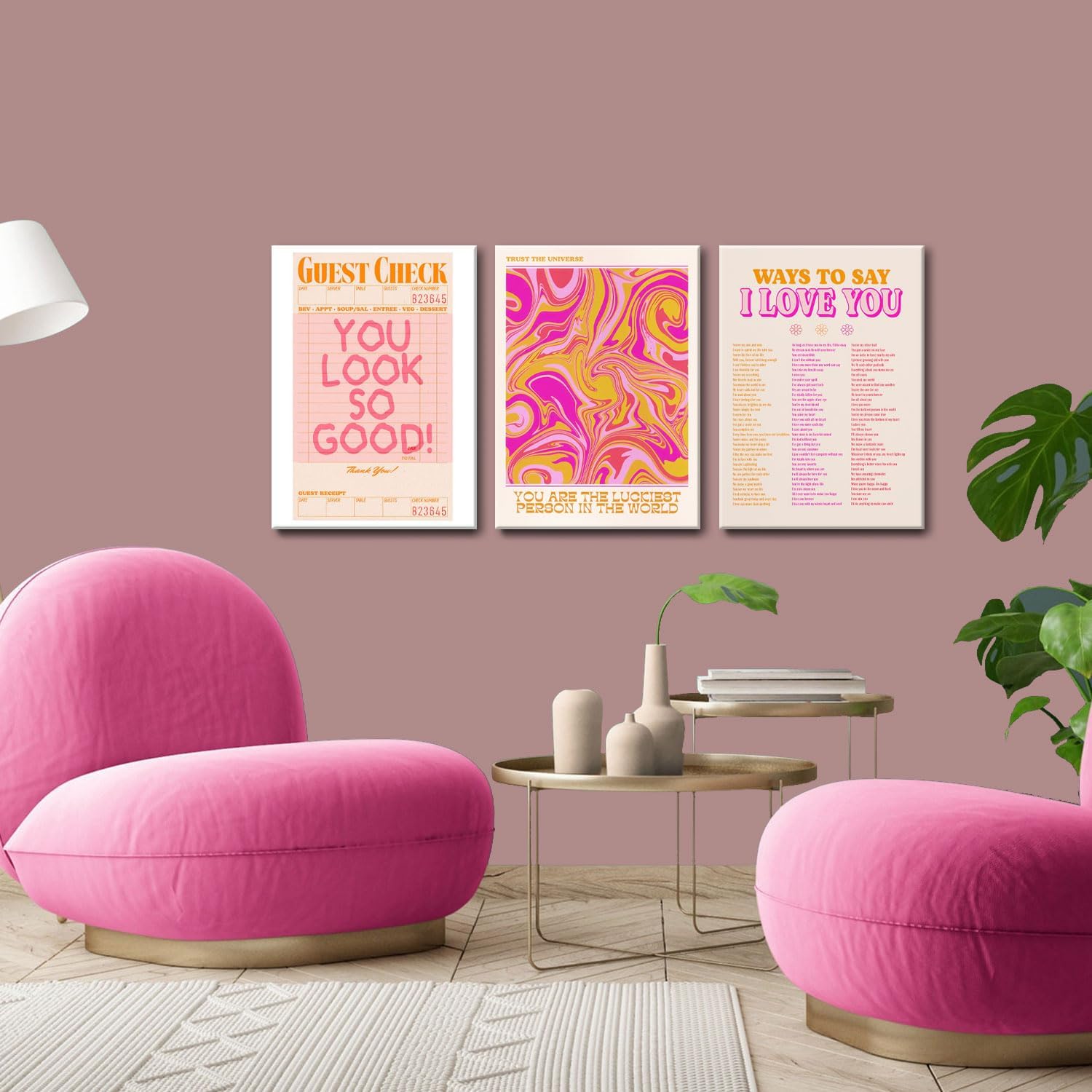 Pink Wall Decor - Canvas Art Set of 3 | Abstract Love Posters | Unique Framed Room Decor for Teens - 12x16''