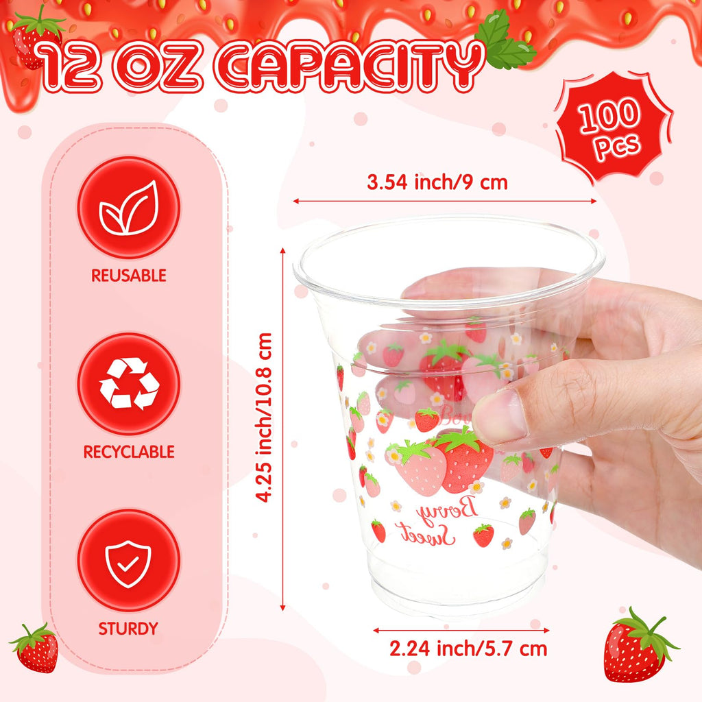 Potchen 100 Pcs 12 oz Strawberry Disposable Plastic Cups Strawberry Flower Clear Plastic Cups Pink Red Party Favors for Birthday Baby Shower Summer Fruit Party