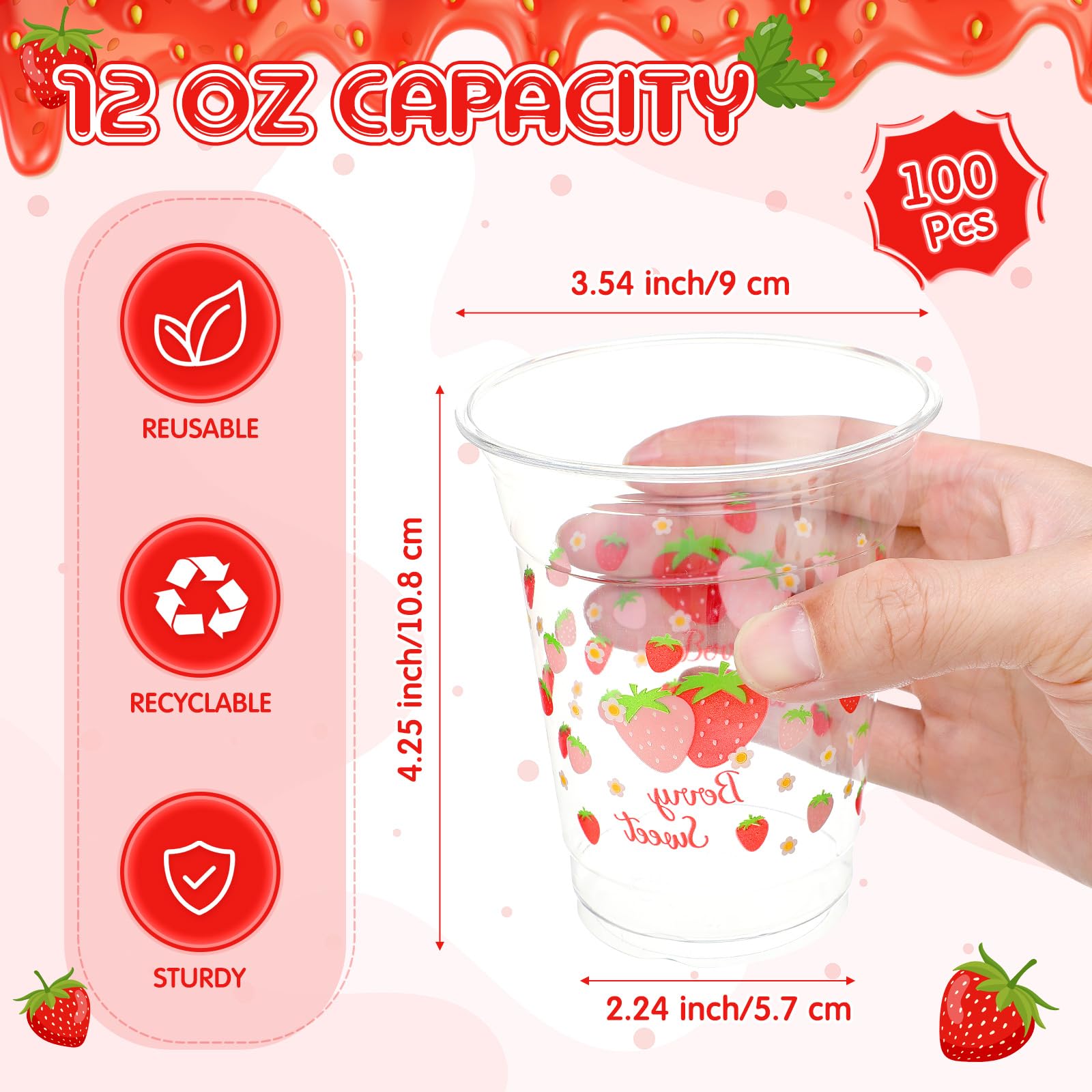 Potchen 100 Pcs 12 oz Strawberry Disposable Plastic Cups Strawberry Flower Clear Plastic Cups Pink Red Party Favors for Birthday Baby Shower Summer Fruit Party