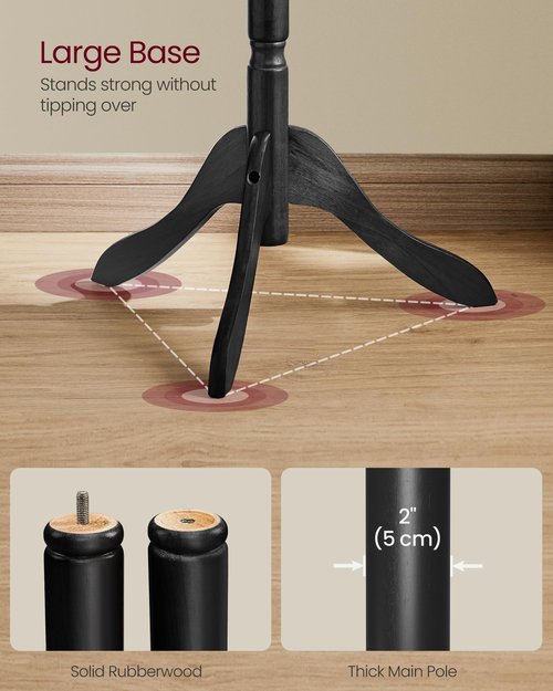 VASAGLE Solid Wood Coat Rack and Stand, Free Standing Hall Coat Tree with 10 Hooks for Hats, Bags, Purses, for Entryway, Hallway, Rubberwood, Ink Black URCR003B01