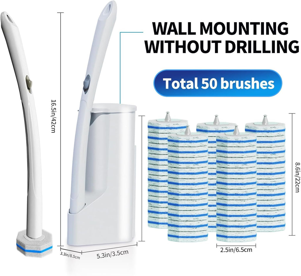 Skiennix Disposable Toilet Brush System - 50 Refill Pads & Wall-Mounted Holder | Bathroom Cleaning Kit