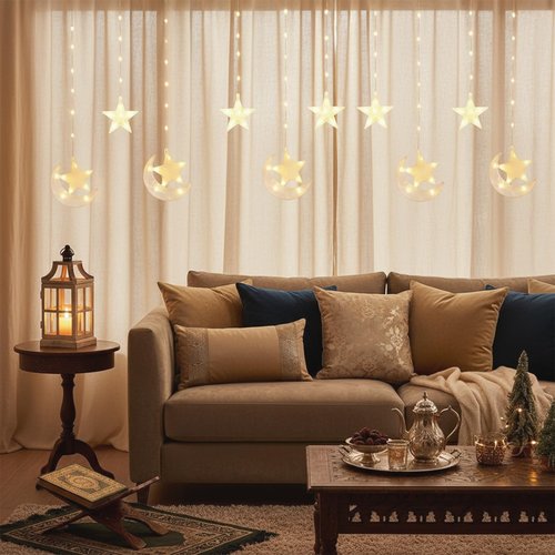Fadraney Ramadan Curtain String Lights, 110 LED Warm White Window Lights with 10 Hanging Star & Moon Ornaments, 8 Modes Plug-in Star Moon Window Decor for Ramadan Eid Mubarak Home Balcony Mandir