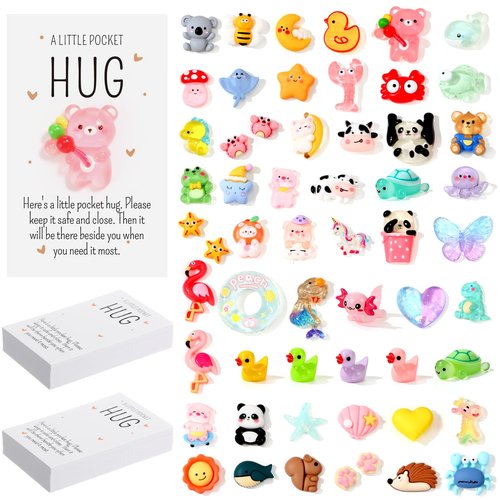 Wonderjune 50 Sets Pocket Hug Bulk Gift Mini Resin Animals Small Teacher Thank You Gifts Inspirational Pocket Hug Card Emotional Appreciation for Teacher Coworker Employee Team Staff Friend (Cute)