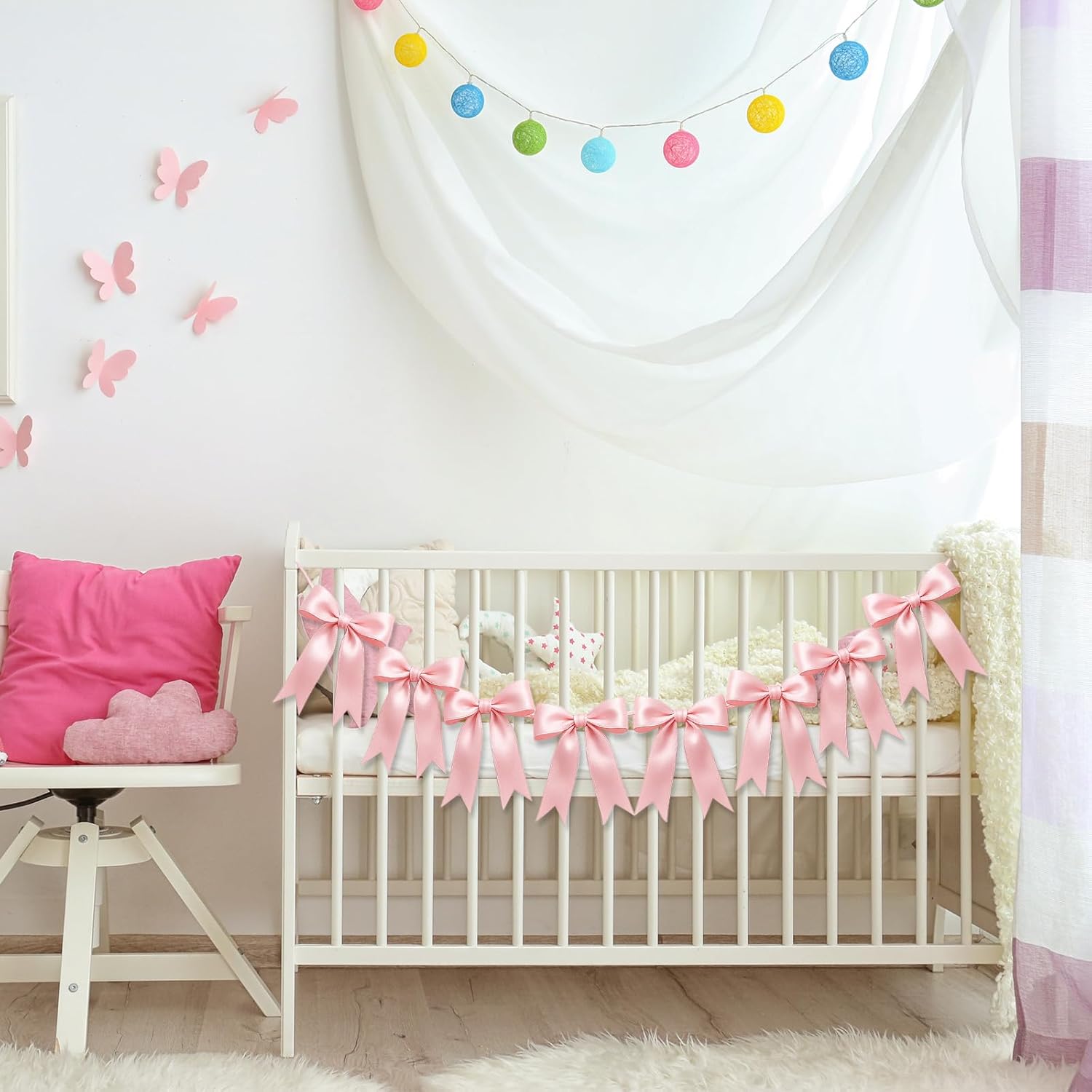 Skiennix 16PCS Pink Bow Garlands - Pre-Strung Satin Ribbon Ornaments for Celebrations & Events