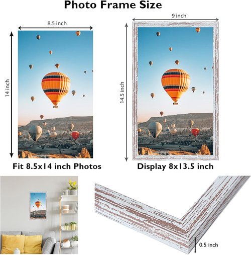 JCJMY Rustic White Picture Frame - 8.5x14 Wall Mount for Horizontal or Vertical Display | Shatter-Resistant Plexiglass
