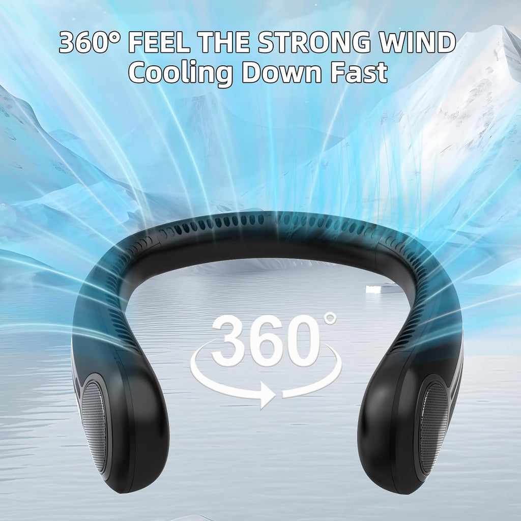 Skiennix Portable Neck Fan - Hands-Free Bladeless Design with 360° Cooling | USB Rechargeable, LED Display, 4 Speeds (Black)