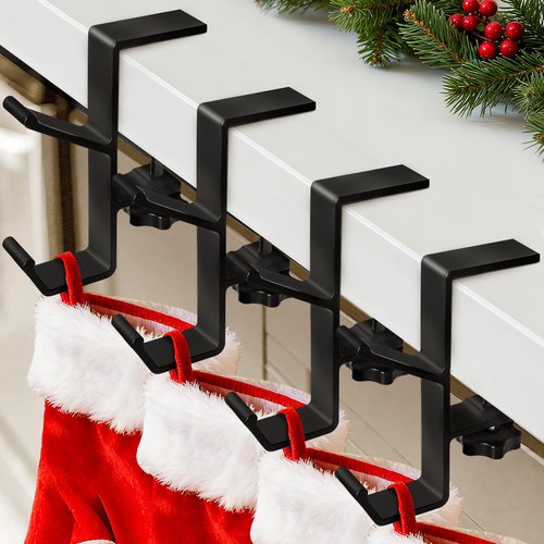 Auzky 4 Pack Stocking Holders for Mantle, Mantle Garland Hangers, Fireplace Stocking and Garland Hanger, No Drilling Required, Adjustable, Metal, Black