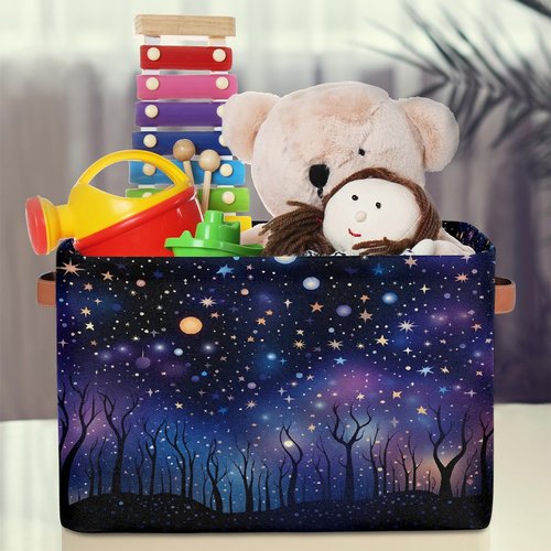 HSYOYO Galaxy Night Forest Storage Basket with Handles Collapsible Storage Bins Rectangular Toy Storage Organizer Box Fabric Shelf Baskets for Nursery Bedroom Bathroom 1PC